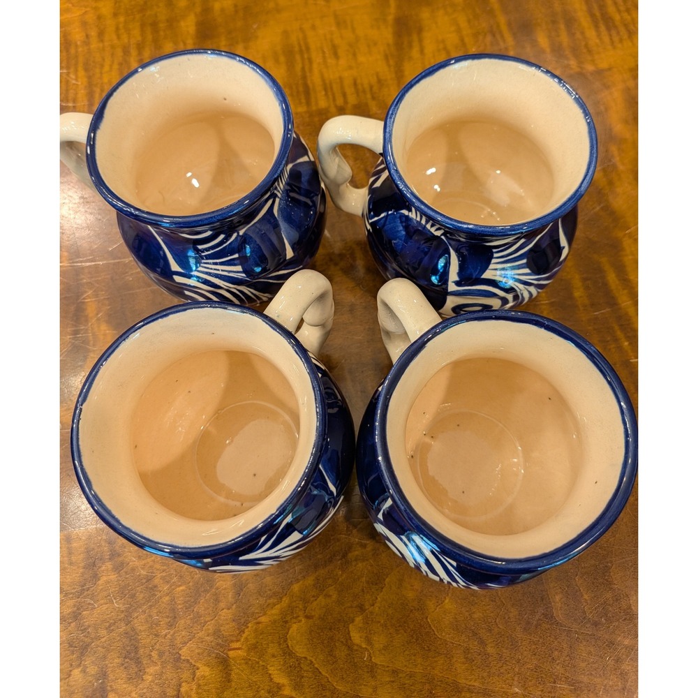 La Mexicana Talavera Taza Mexico Coffee Mug Set of 4 Brilliant Blue and White - Picture 5 of 9